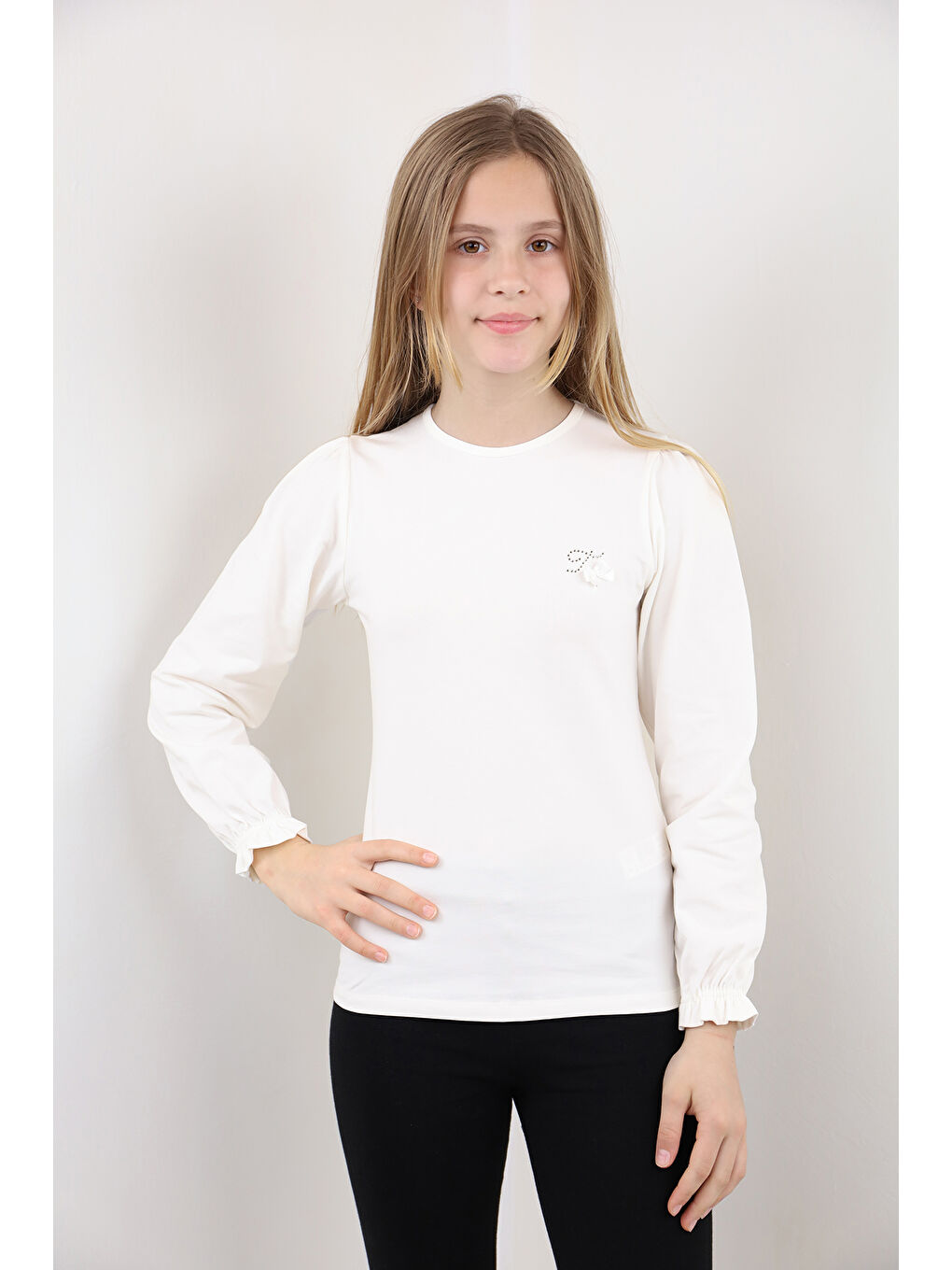 Ekru Kız Çocuk Okul Tişört-1