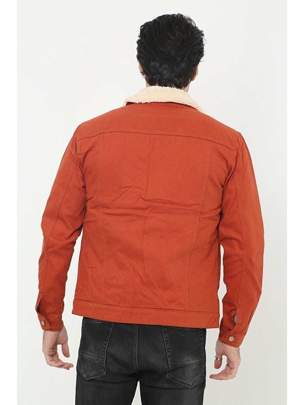 Kahverengi Erkek Trend Kışlık Içi Kürklü Jean Ceket Kiremit-5