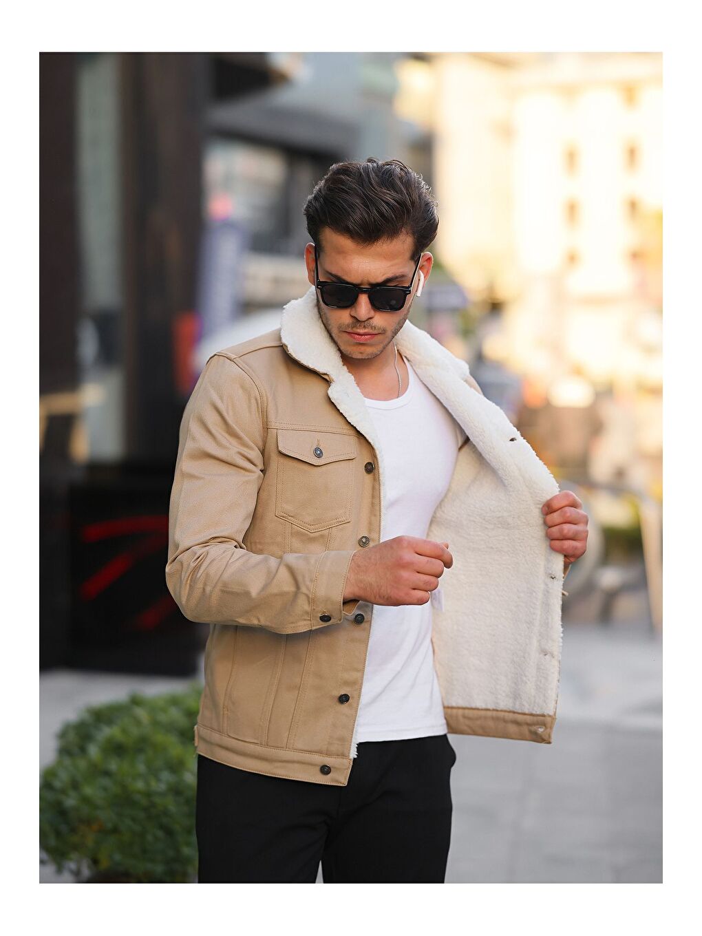 Bej Erkek Trend Kışlık Içi Kürklü Jean Ceket Taş