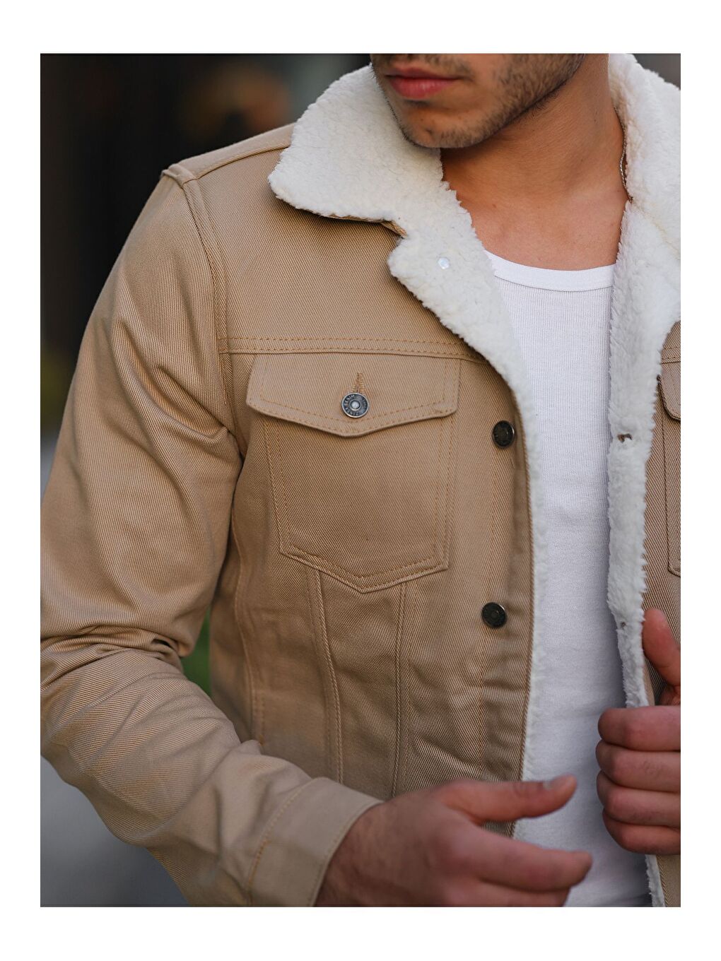 Bej Erkek Trend Kışlık Içi Kürklü Jean Ceket Taş-1