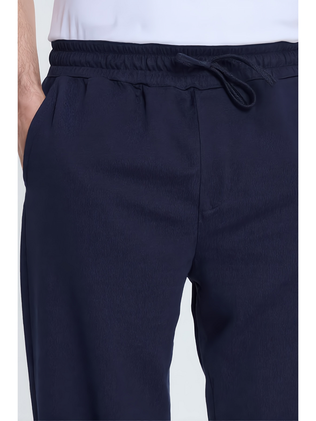 Erkek Lacivert Pamuklu Baggy Fit Rahat Kesim Beli Bağcıklı Yan Cepli Örme Eşofman Altı-2