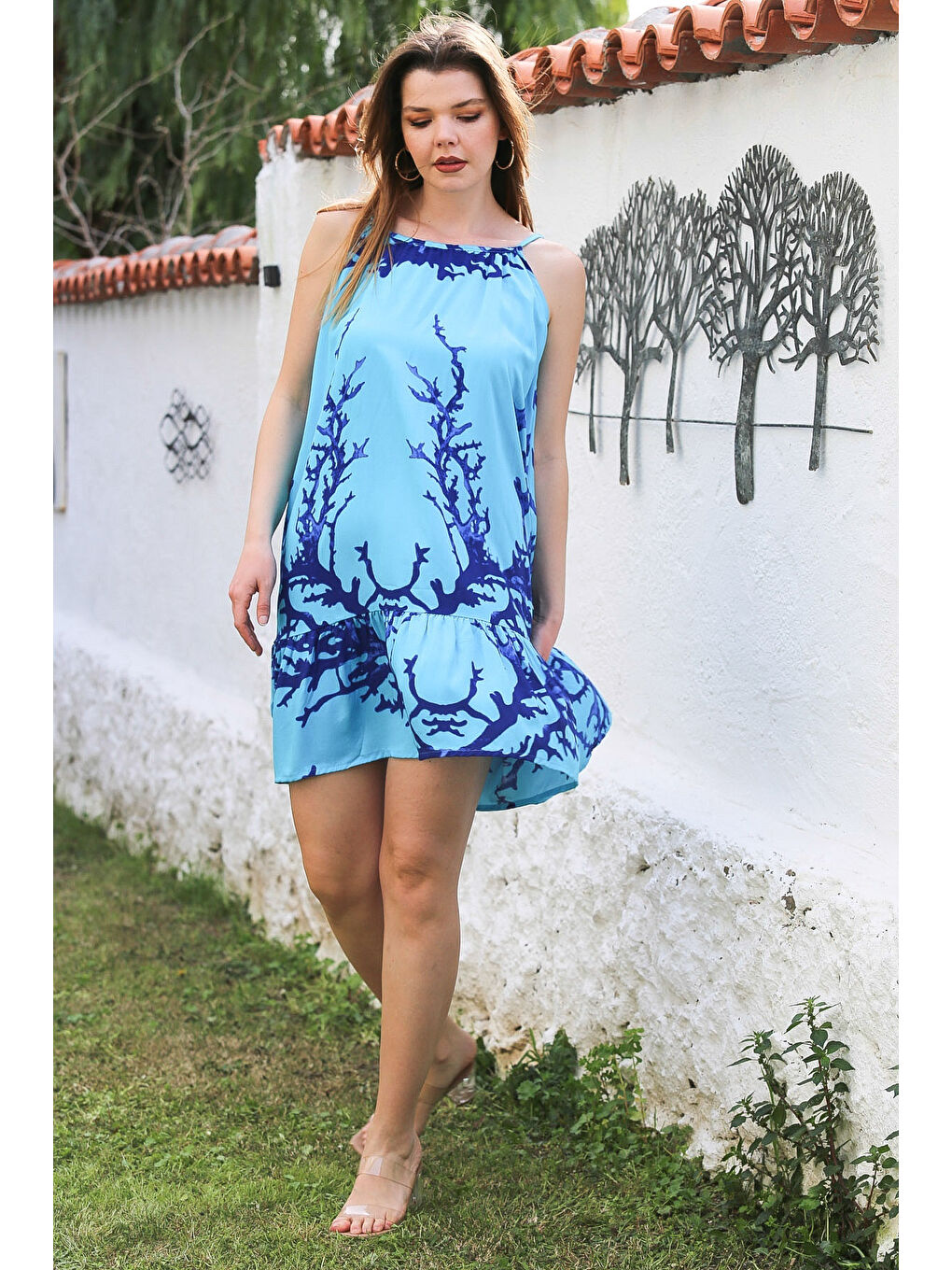 Turkuaz Eteği Fırfırlı Ayarlanabilir Askılı Allover Baskılı Casual Viskon Dokuma Elbise 105 66-4