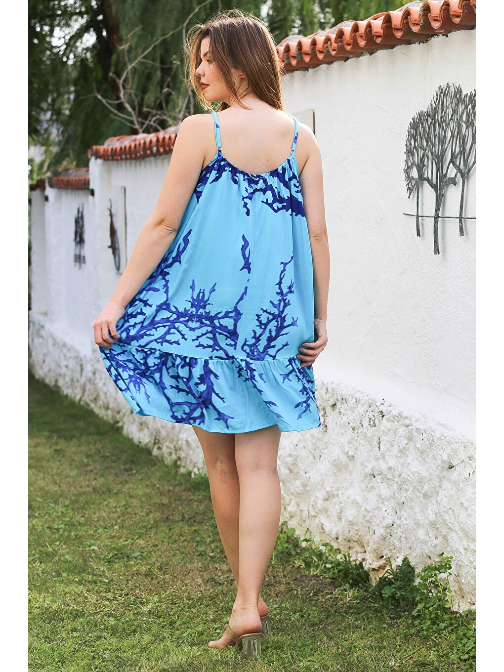 Turkuaz Eteği Fırfırlı Ayarlanabilir Askılı Allover Baskılı Casual Viskon Dokuma Elbise 105 66-5