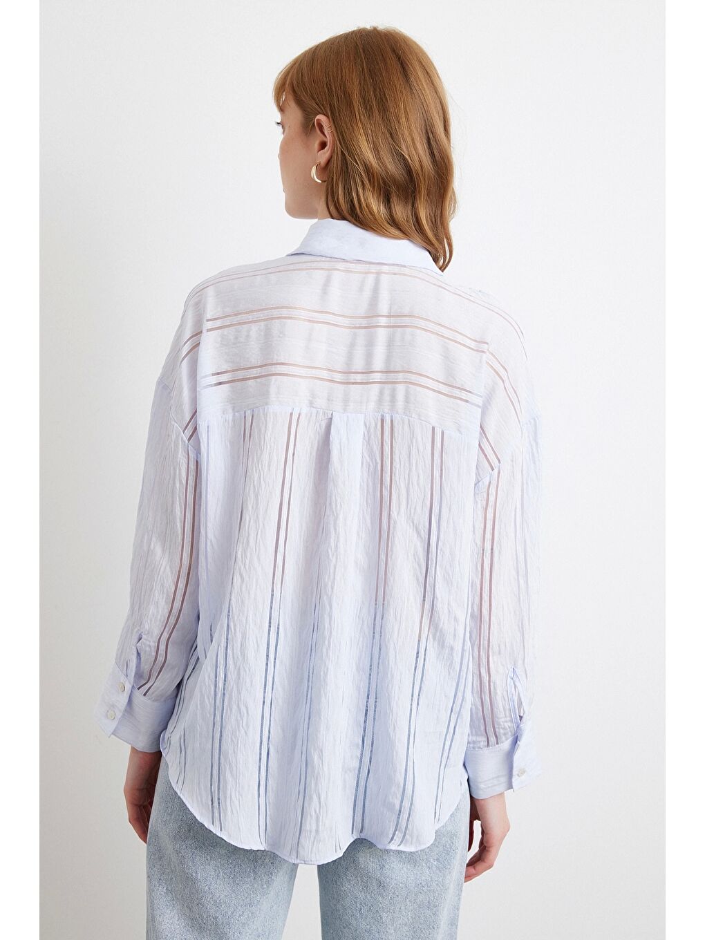 Organze Çizgili Gömlek Mavi-4