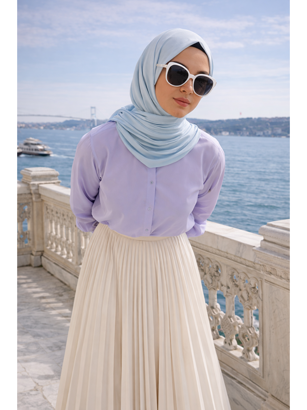 Kadın Premium Pileli Bej Uzun Tesettür Etek-1