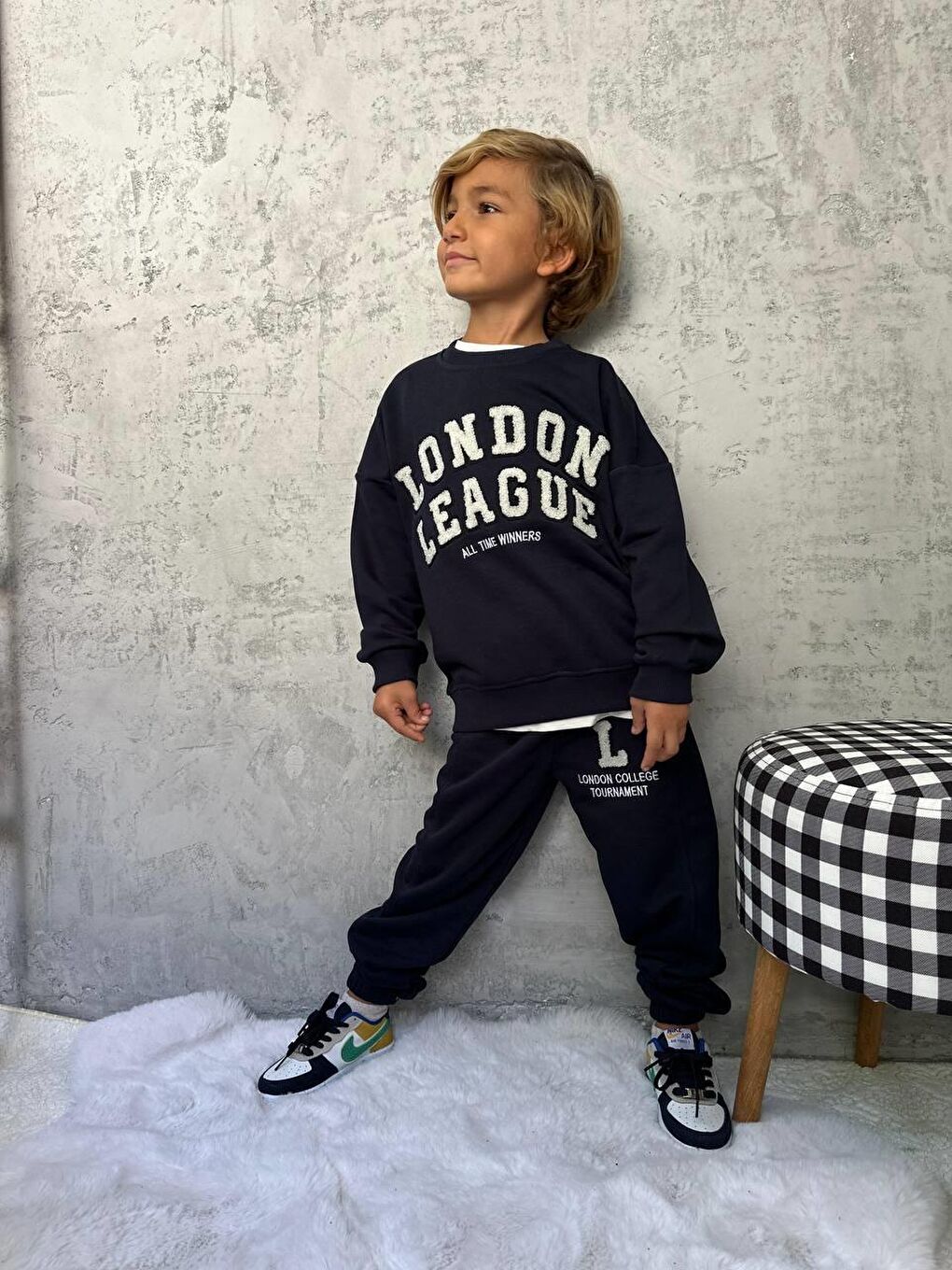 Erkek Çocuk Pamuklu Lacivert London League Yazılı Eşofman Takımı - Kolej Tarzı Spor Model-2