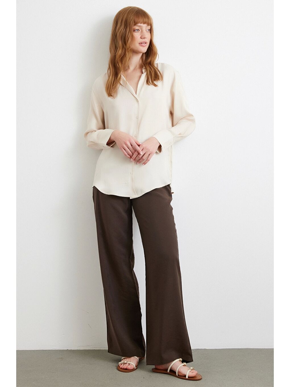 Viskon Saten Gömlek Bej-1