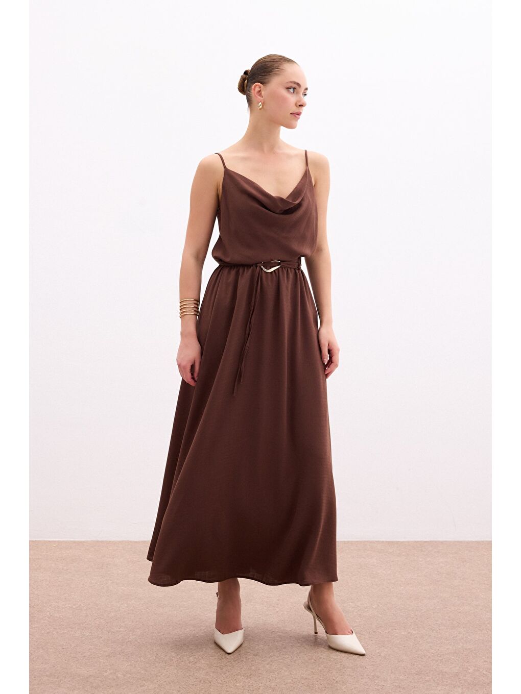 Kahverengi Kemerli Uzun Etek - Kahve