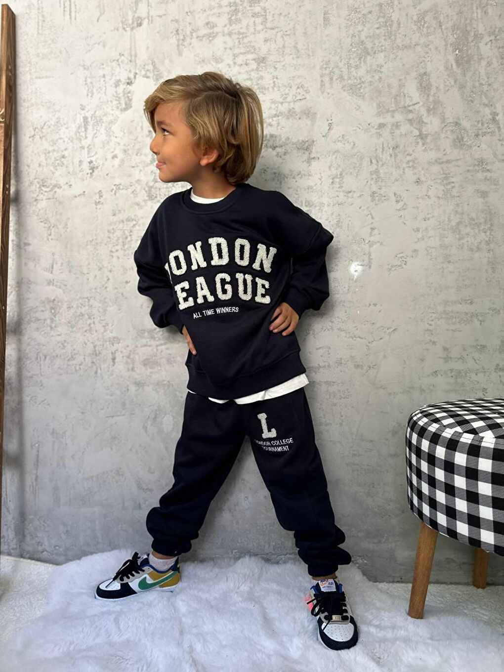 Erkek Çocuk Pamuklu Lacivert London League Yazılı Eşofman Takımı - Kolej Tarzı Spor Model-3