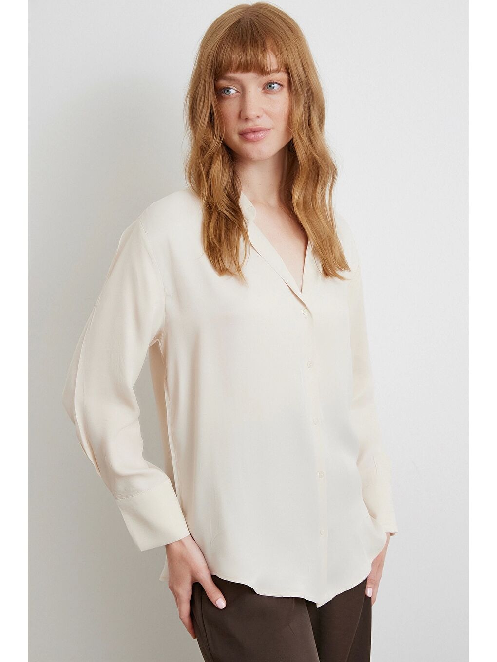 Viskon Saten Gömlek Bej-2