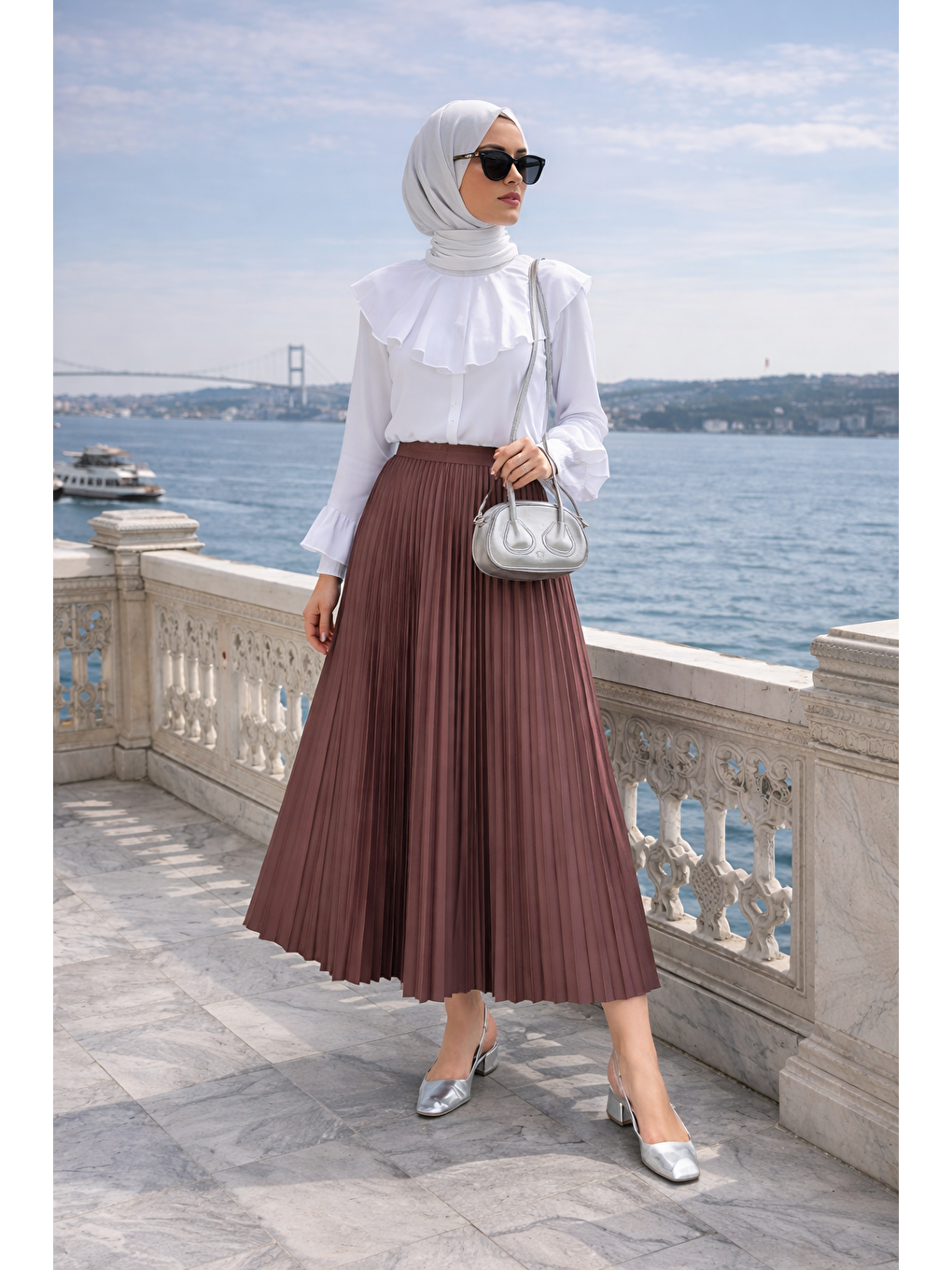 Kahverengi Kadın Premium Pileli Kahve Uzun Tesettür Etek