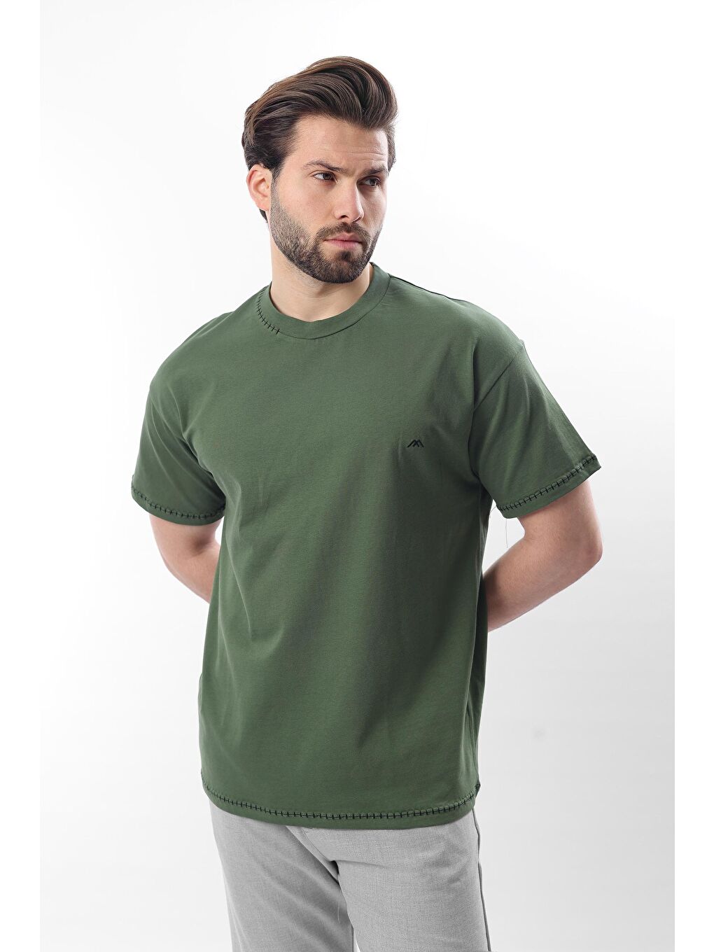 Haki Nakış Detaylı Erkek %100 Pamuk Tişört E7112-1
