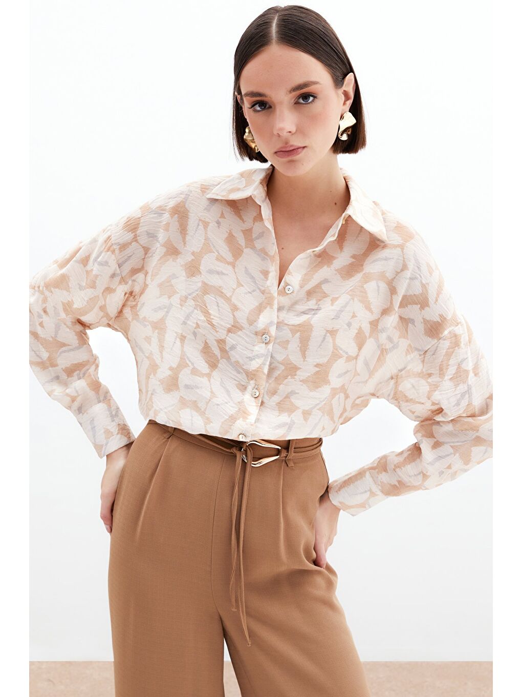 Bej Desenli Viskon Gömlek - Taş-1