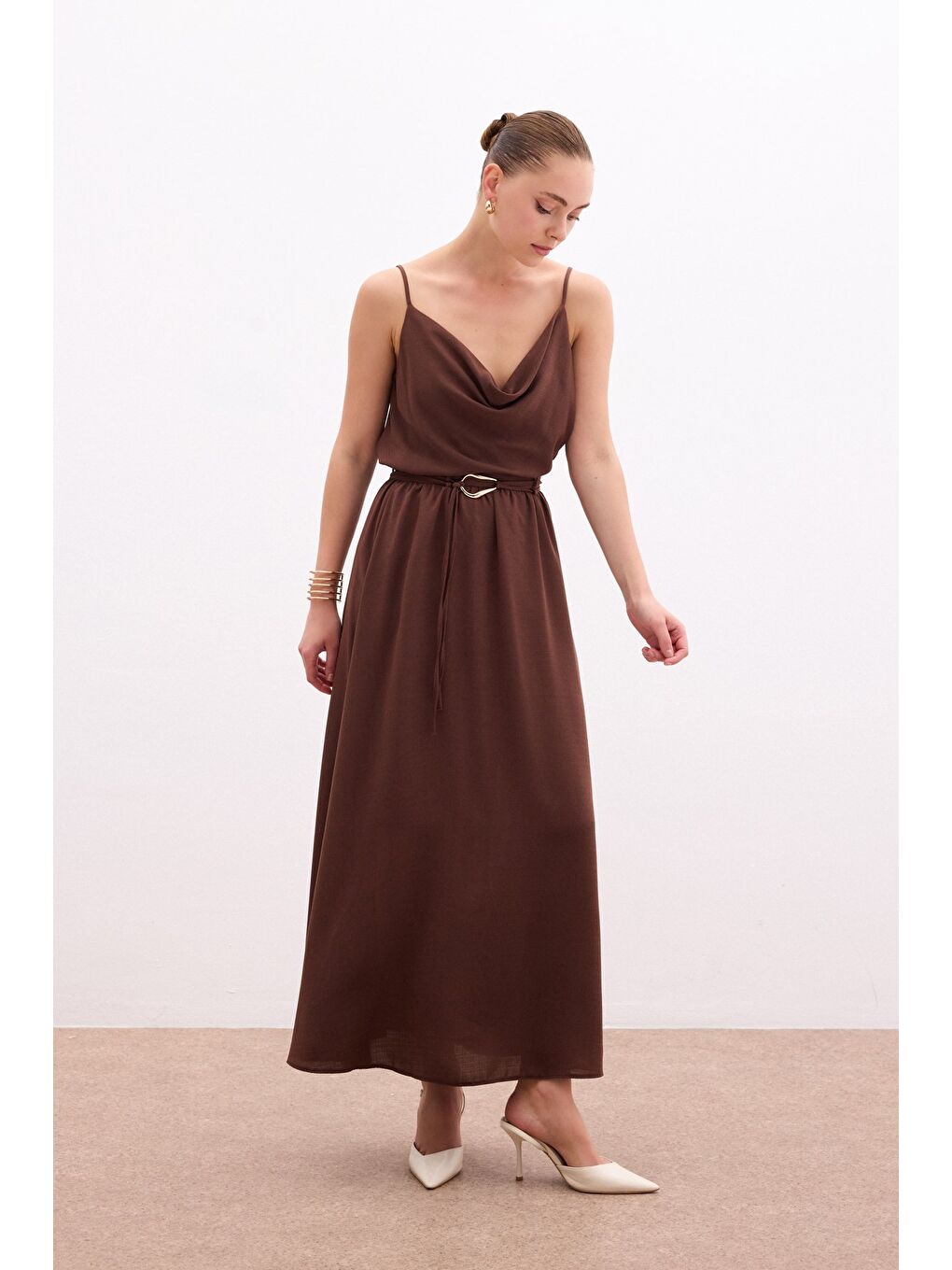 Kahverengi Kemerli Uzun Etek - Kahve-2