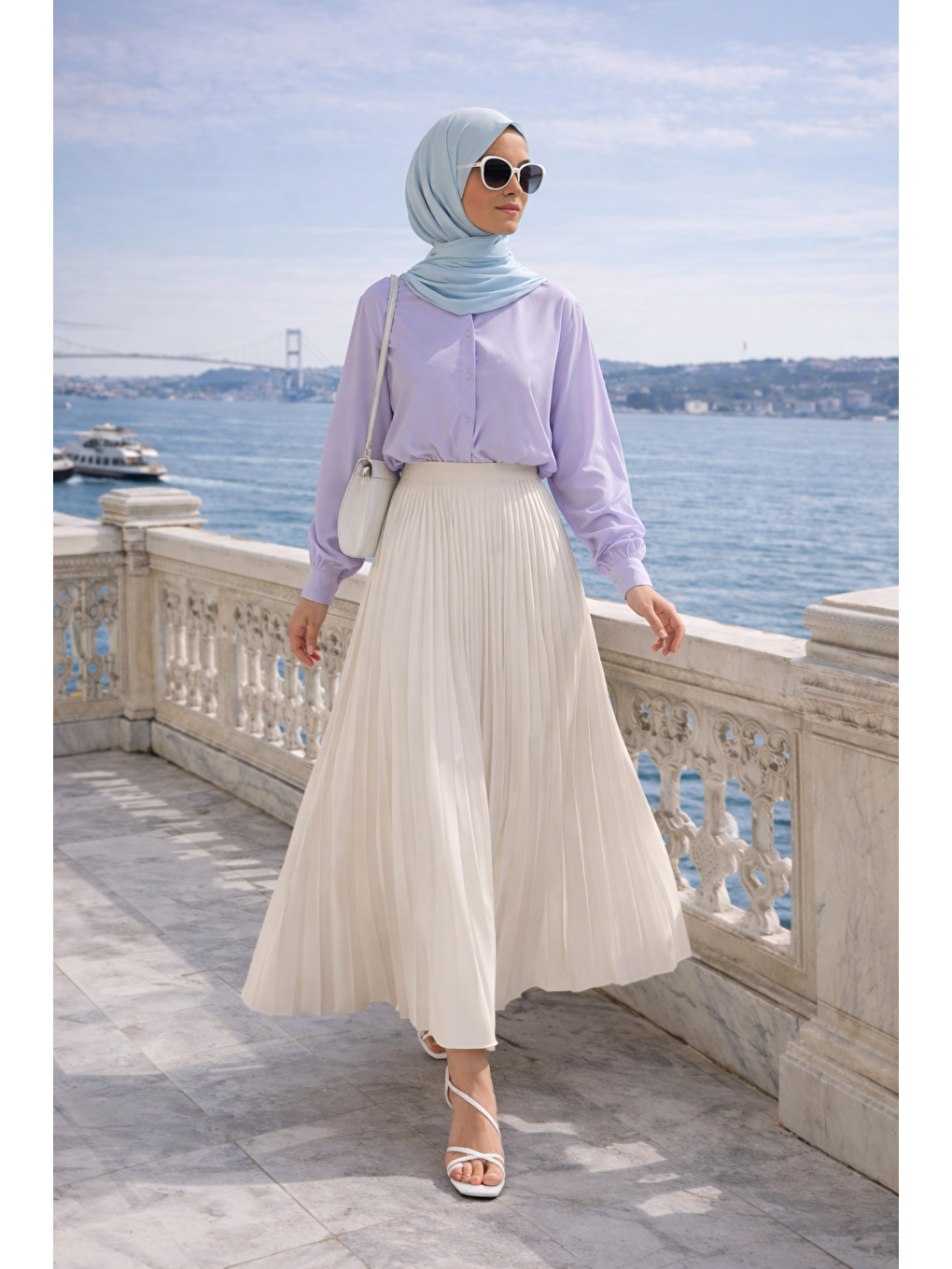 Kadın Premium Pileli Bej Uzun Tesettür Etek-2