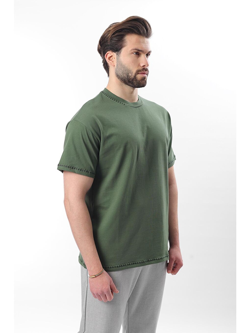 Haki Nakış Detaylı Erkek %100 Pamuk Tişört E7112-2