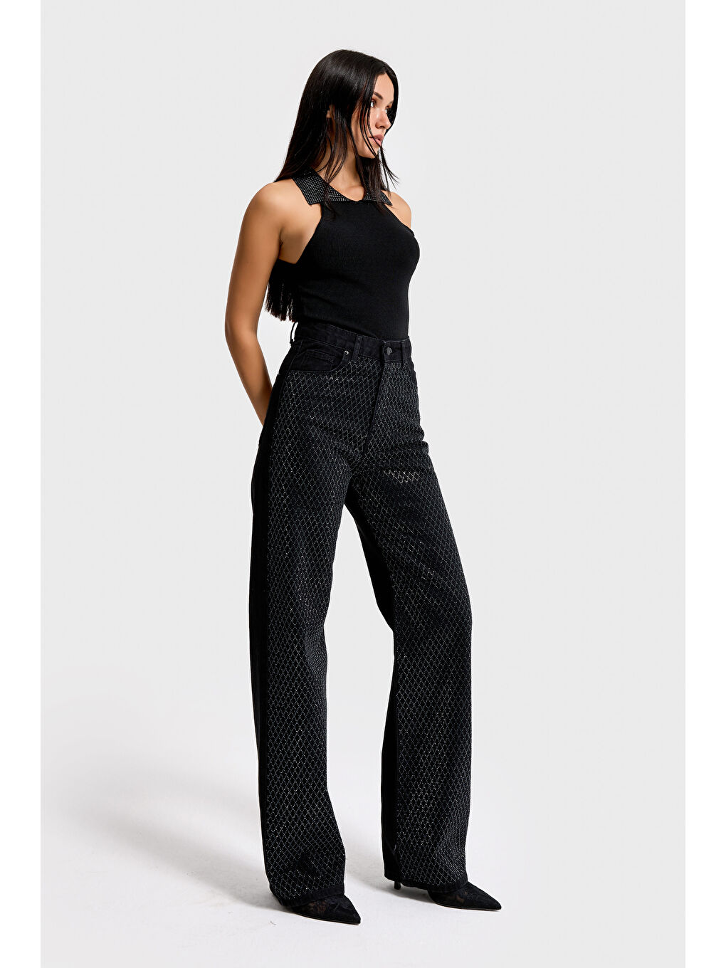 Beyaz Kadın Siyah Renk T3-1s5-1 Straight Fit Yüksek Bel Işıltılı Parlak Taşlı Tasarım Denim Jean-2