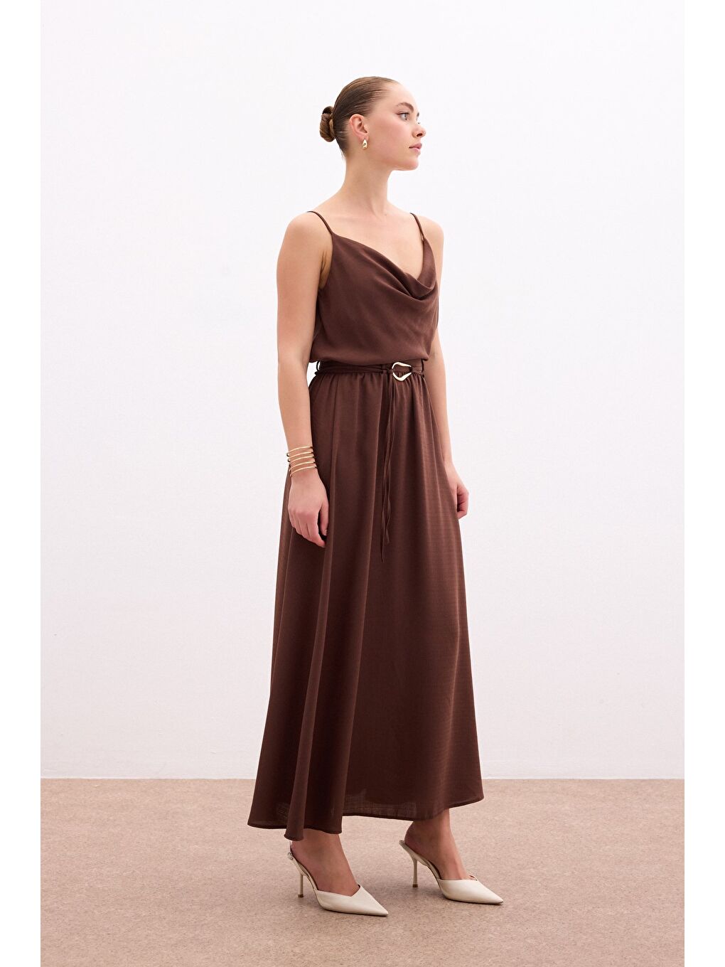 Kahverengi Kemerli Uzun Etek - Kahve-3