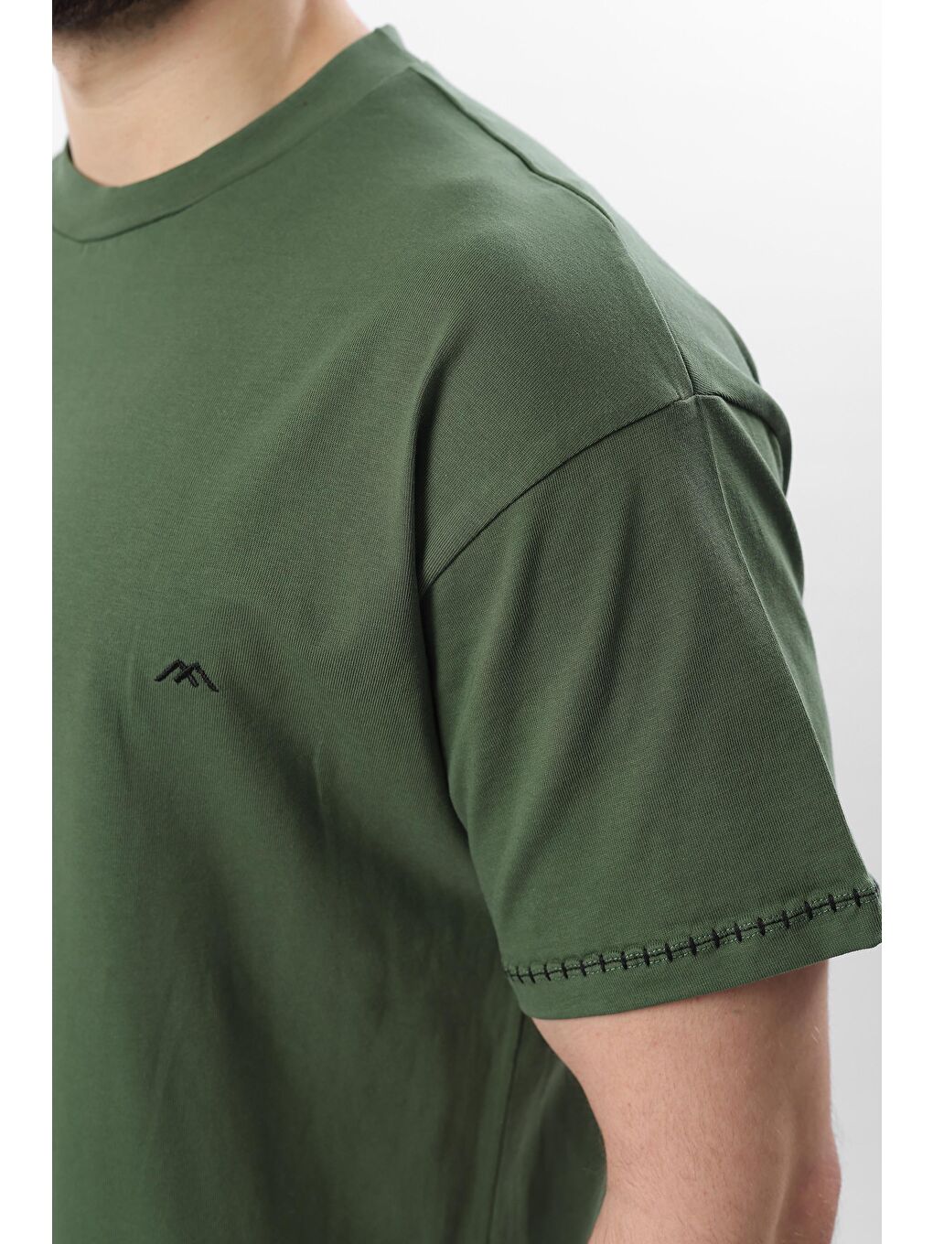 Haki Nakış Detaylı Erkek %100 Pamuk Tişört E7112-3