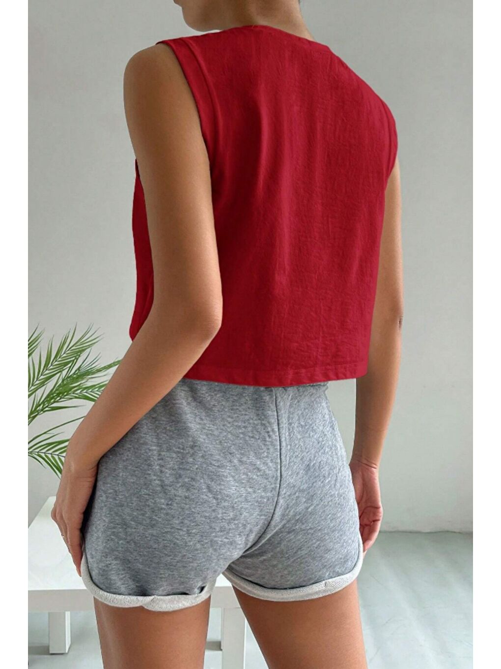 Kırmızı Yeşil %100 Pamuk Basic Bisiklet Yaka Süprem Kolsuz T-shirt-1