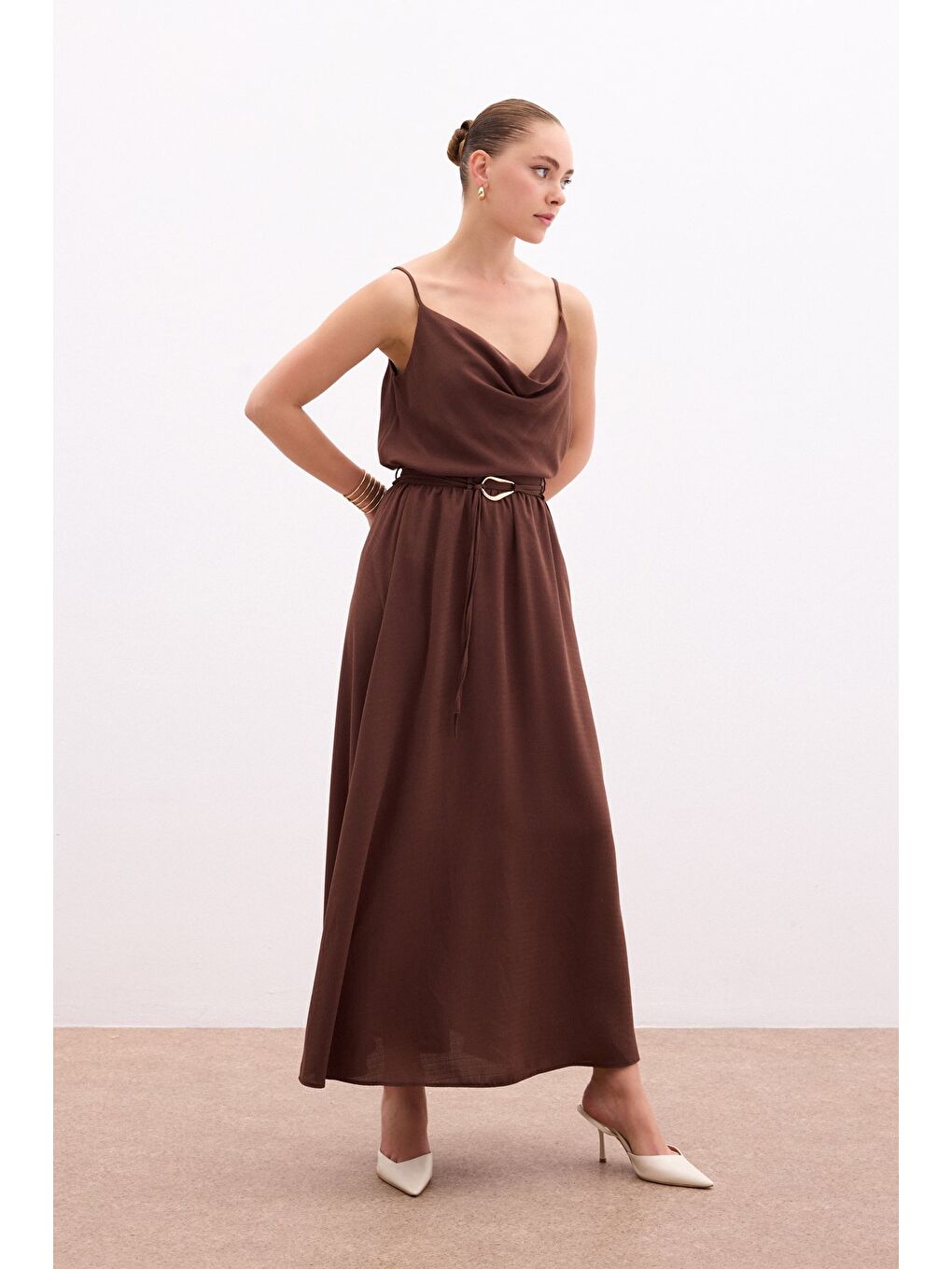 Kahverengi Kemerli Uzun Etek - Kahve-4