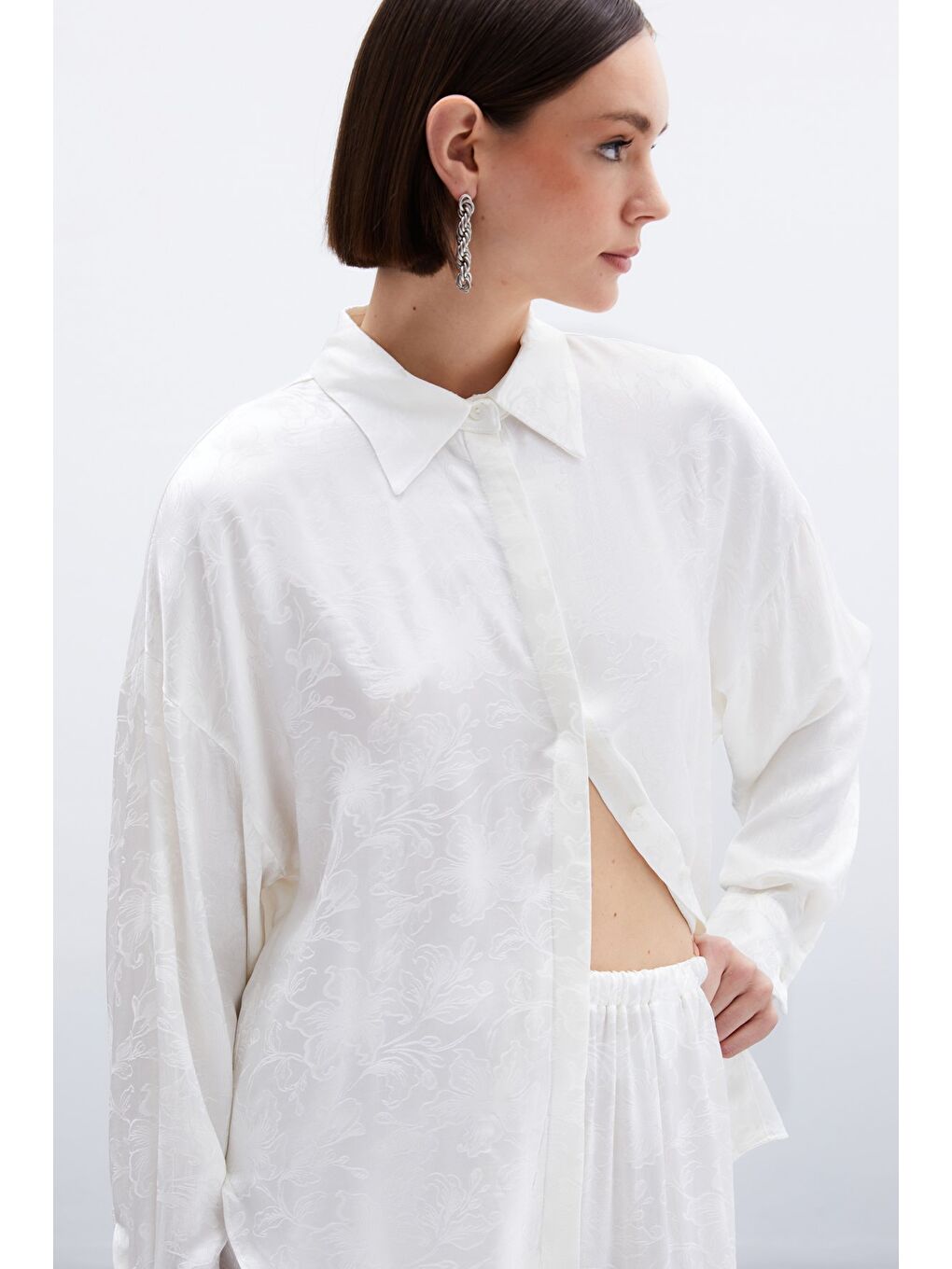 Jakarlı Saten Gömlek - Ekru-1