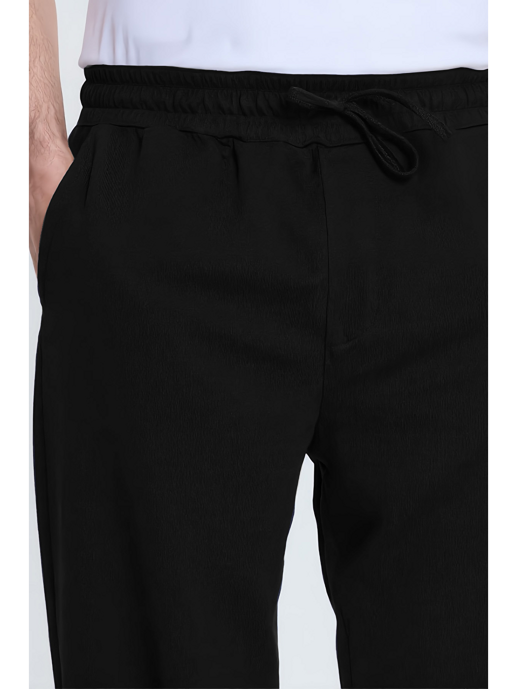 Erkek Siyah Pamuklu Baggy Fit Rahat Kesim Beli Bağcıklı Yan Cepli Örme Eşofman Altı-2