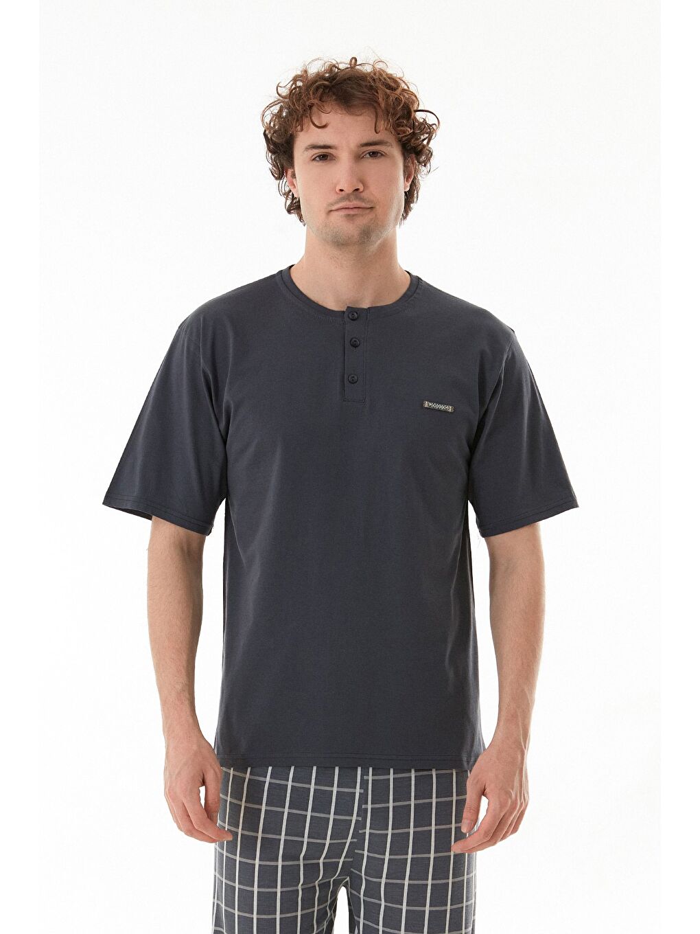 Gri Ekose Desenli %100 Pamuk Pijama Takımı-1