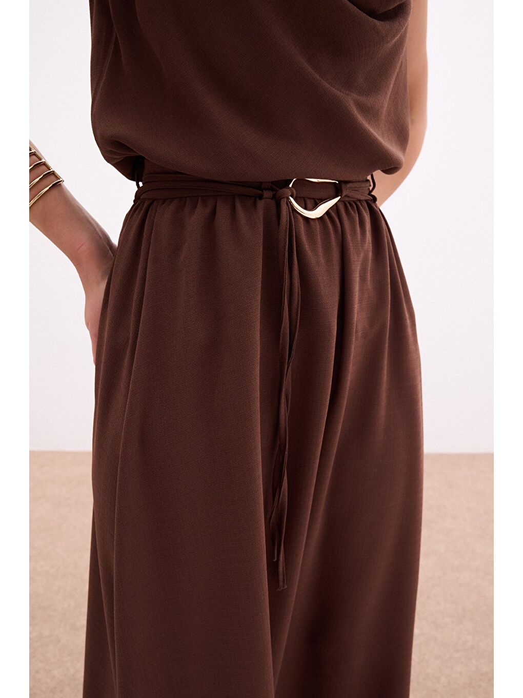 Kahverengi Kemerli Uzun Etek - Kahve-5
