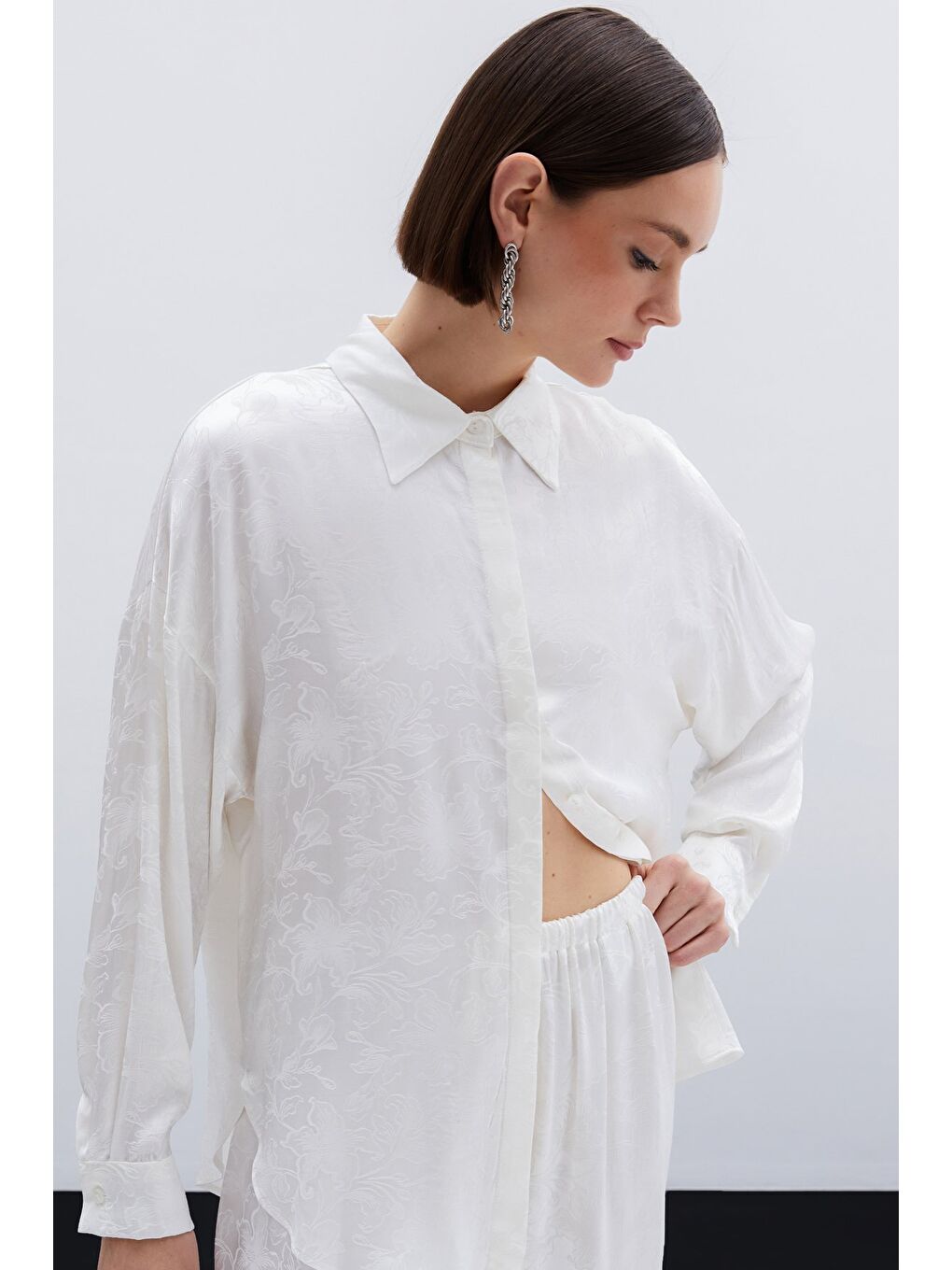 Jakarlı Saten Gömlek - Ekru-2