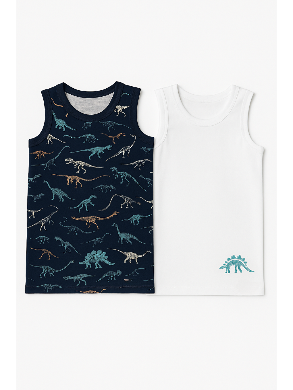 Karışık Erkek Çocuk Dinozor Desenli 2'Li Paket Atlet Beyaz/Lacivert