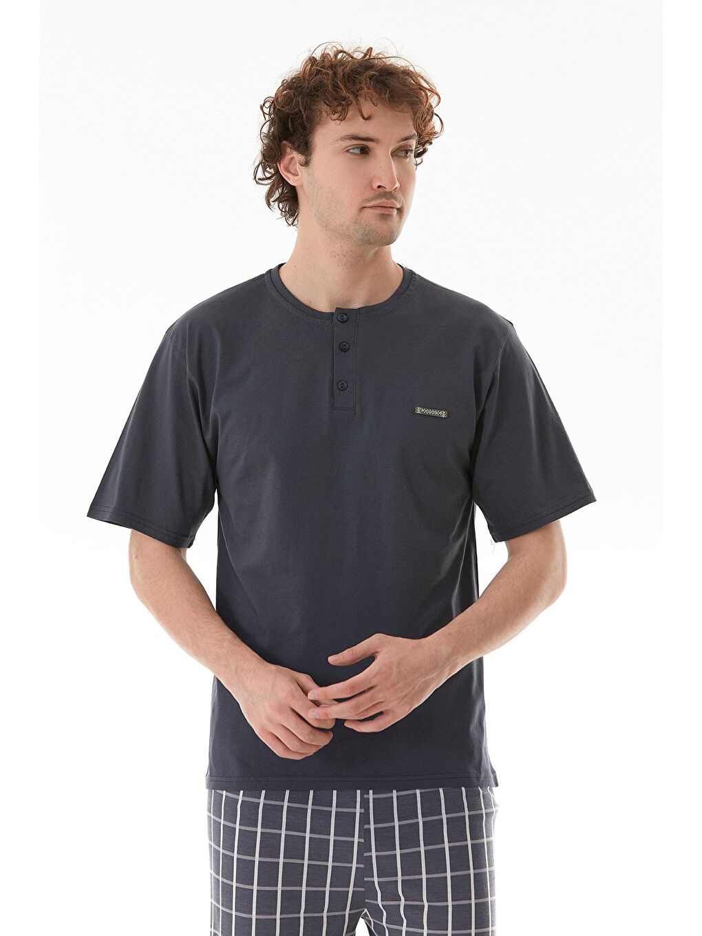 Gri Ekose Desenli %100 Pamuk Pijama Takımı-2