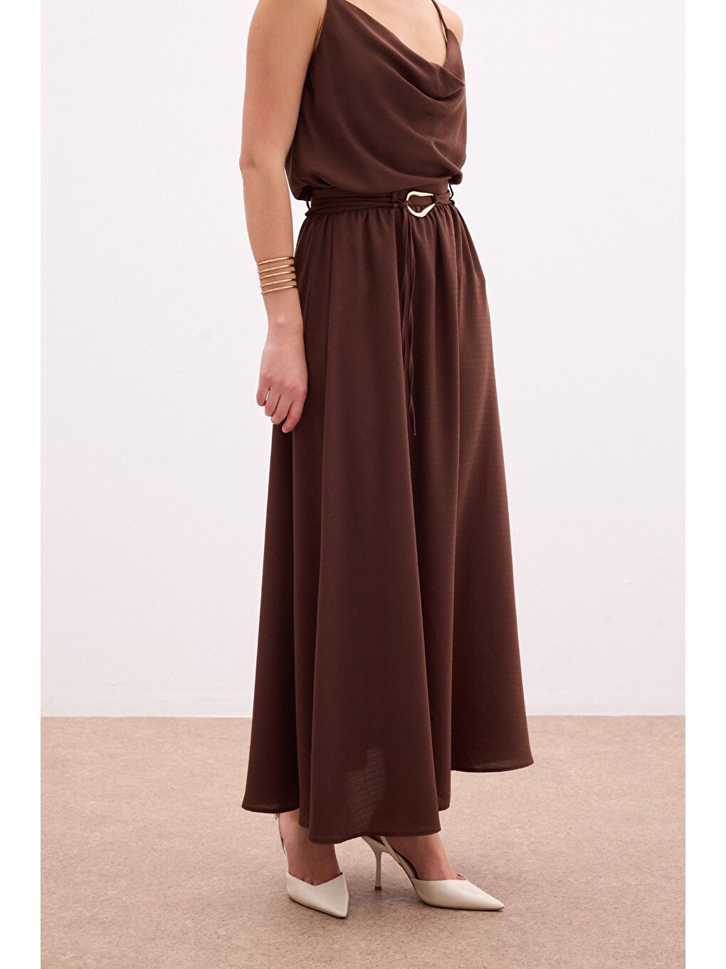 Kahverengi Kemerli Uzun Etek - Kahve-6