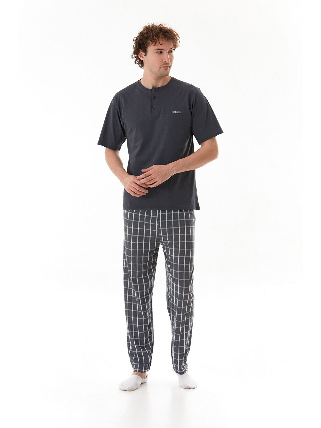 Gri Ekose Desenli %100 Pamuk Pijama Takımı-3