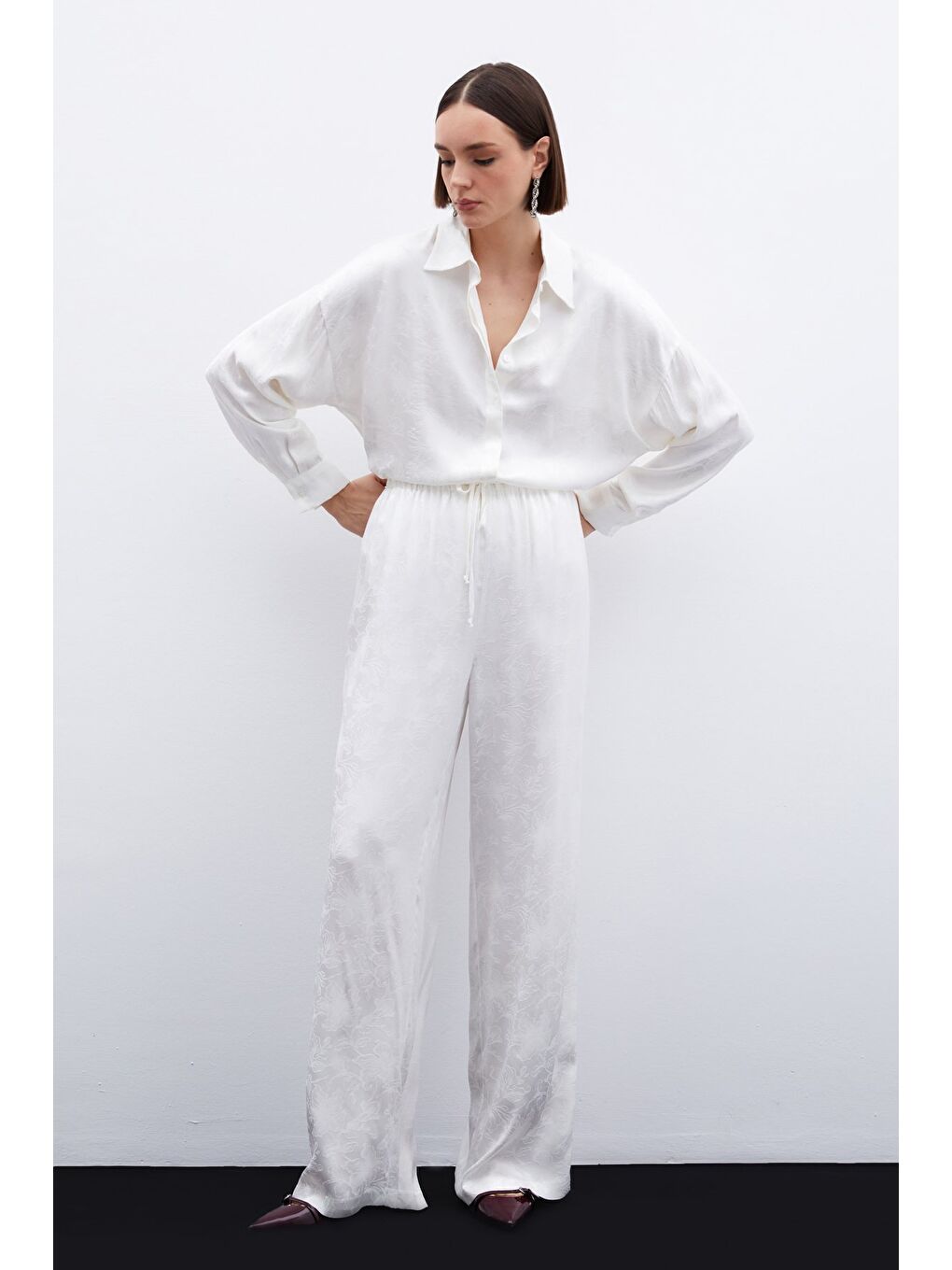 Jakarlı Saten Gömlek - Ekru-3