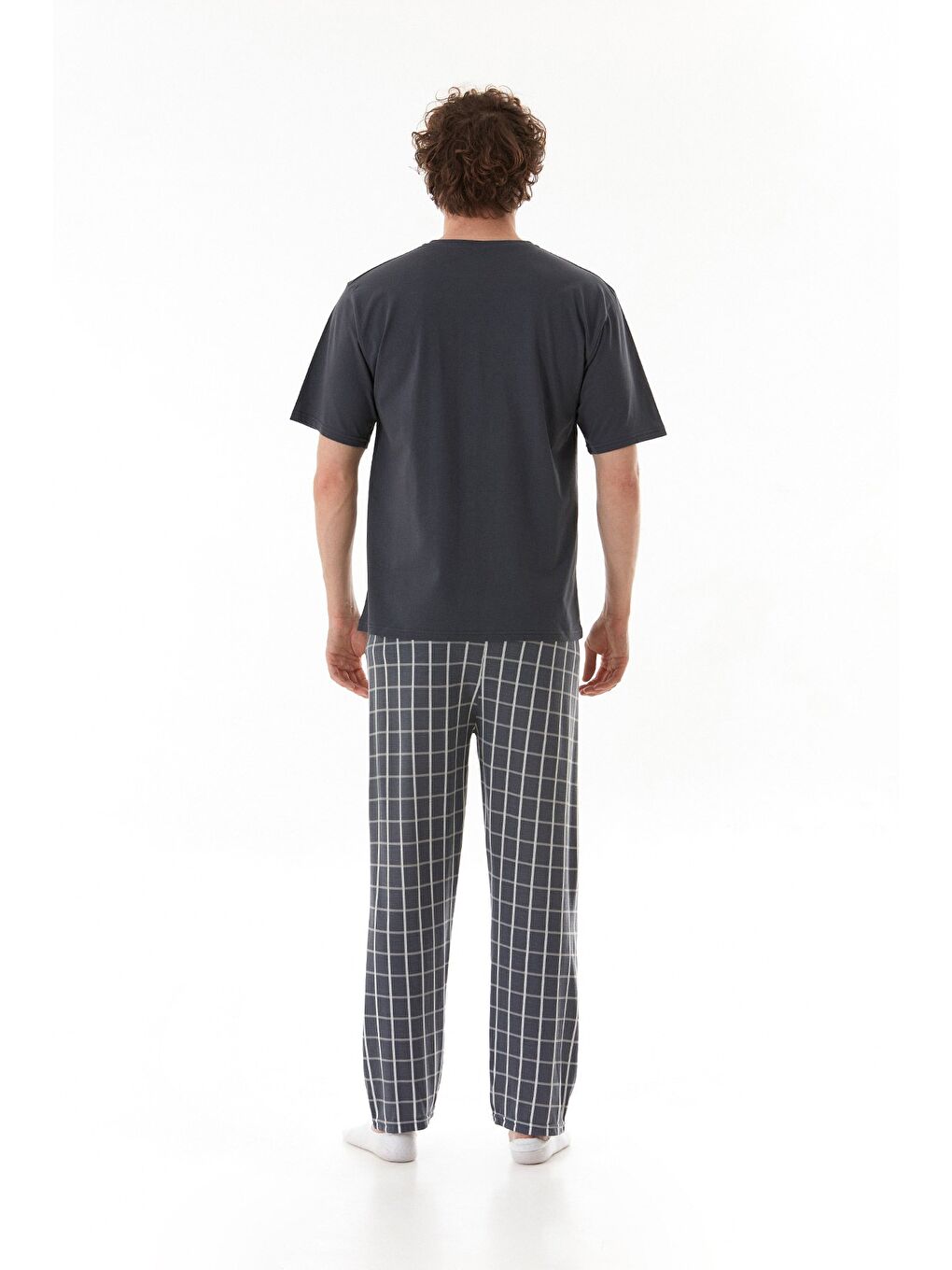Gri Ekose Desenli %100 Pamuk Pijama Takımı-4