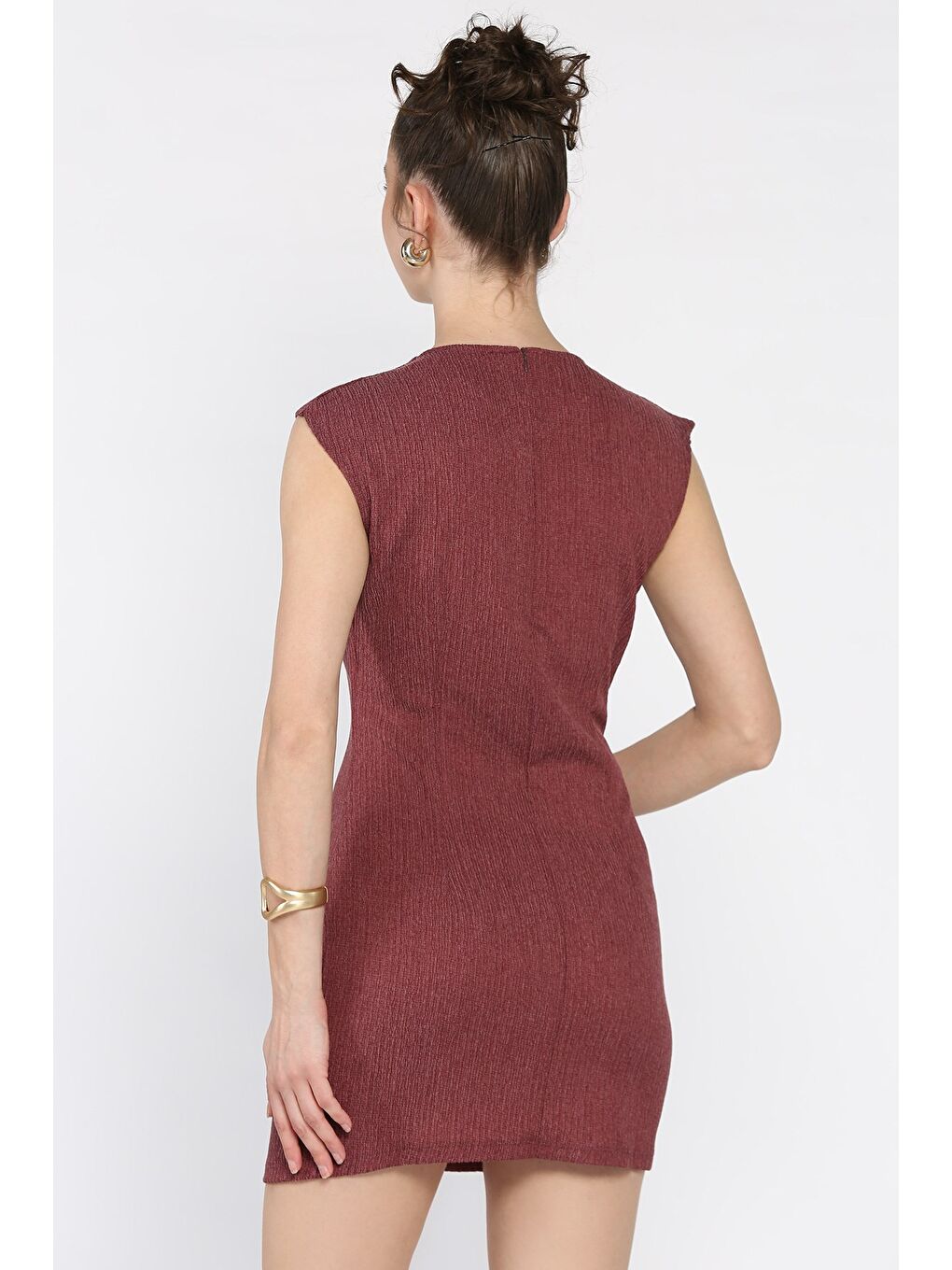 Bordo Kadın Sıfır Kol Sırt Fermuarlı Pensli Elbise-2