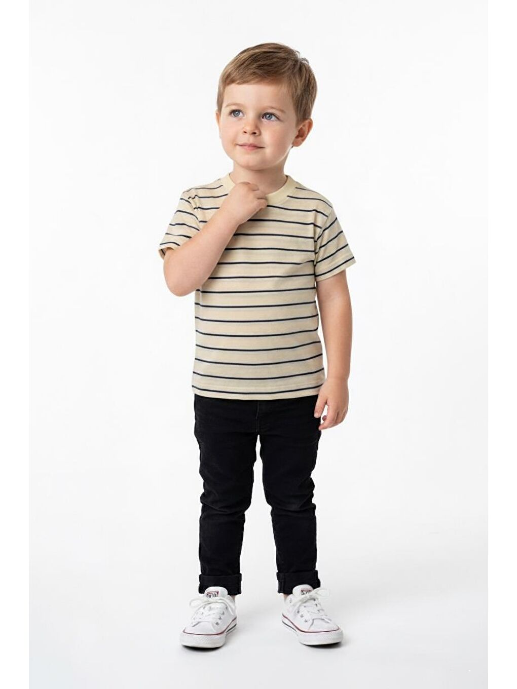 İndigo Elastanlı Kabartma Çizgili 2li Tişört Paket-1