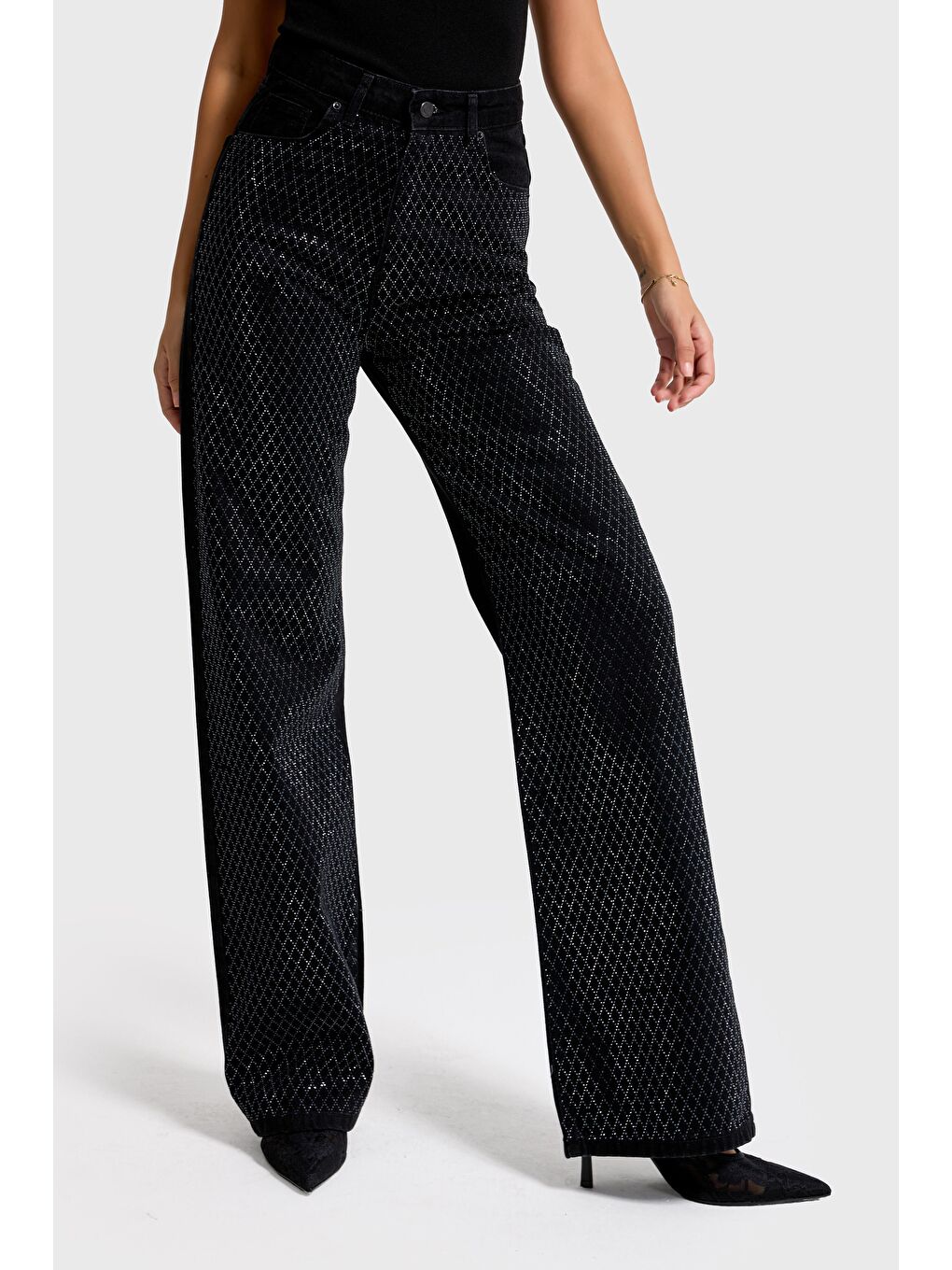 Beyaz Kadın Siyah Renk T3-1s5-1 Straight Fit Yüksek Bel Işıltılı Parlak Taşlı Tasarım Denim Jean-3