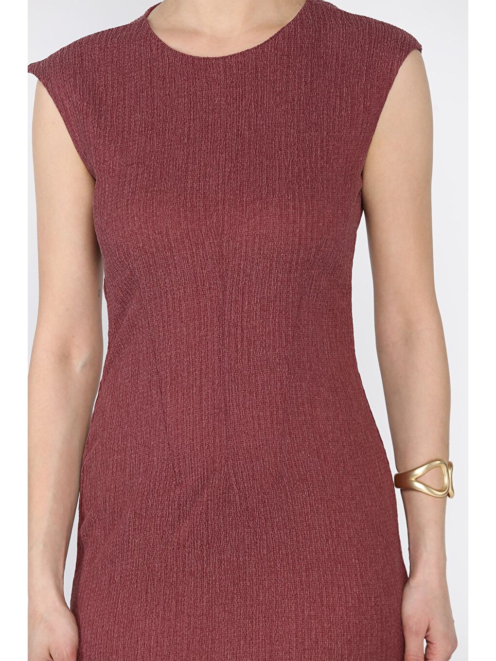 Bordo Kadın Sıfır Kol Sırt Fermuarlı Pensli Elbise-3