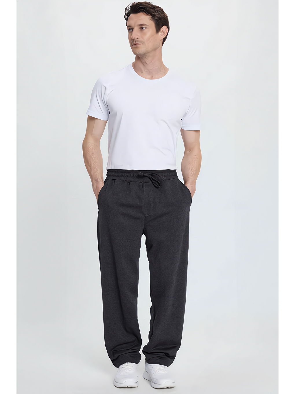 Gri Erkek Antrasit Pamuklu Baggy Fit Rahat Kesim Beli Bağcıklı Yan Cepli Örme Eşofman Altı-1