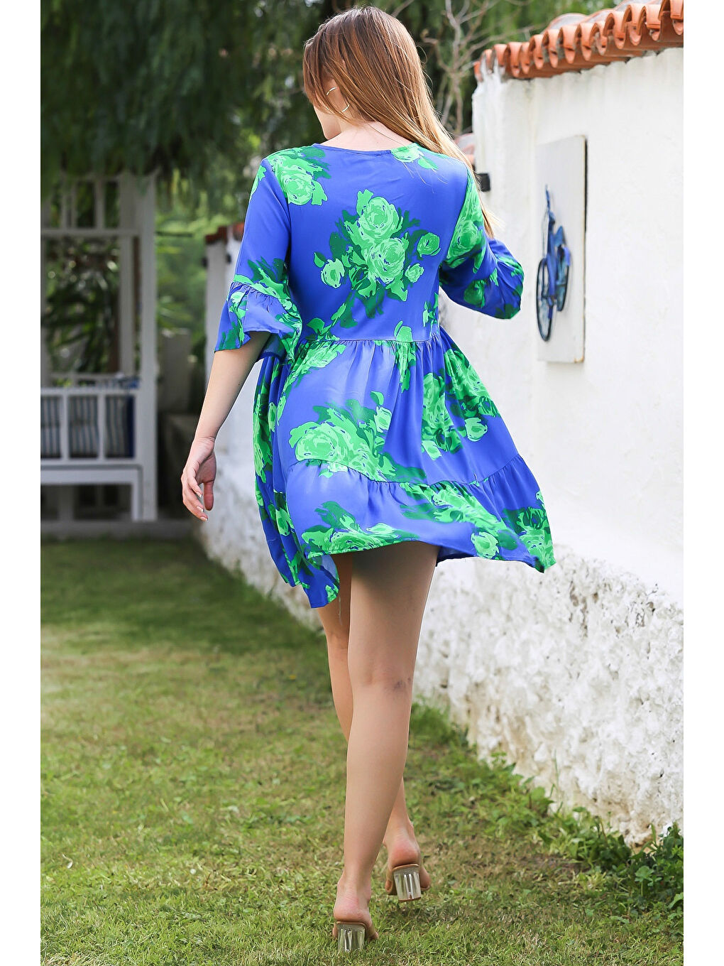 Mavi Havuz Yaka Fırfırlı Kol Bağlamalı Eteği Fırfırlı Püsküllü Casual Viskon Dokuma Elbise 95 52-5