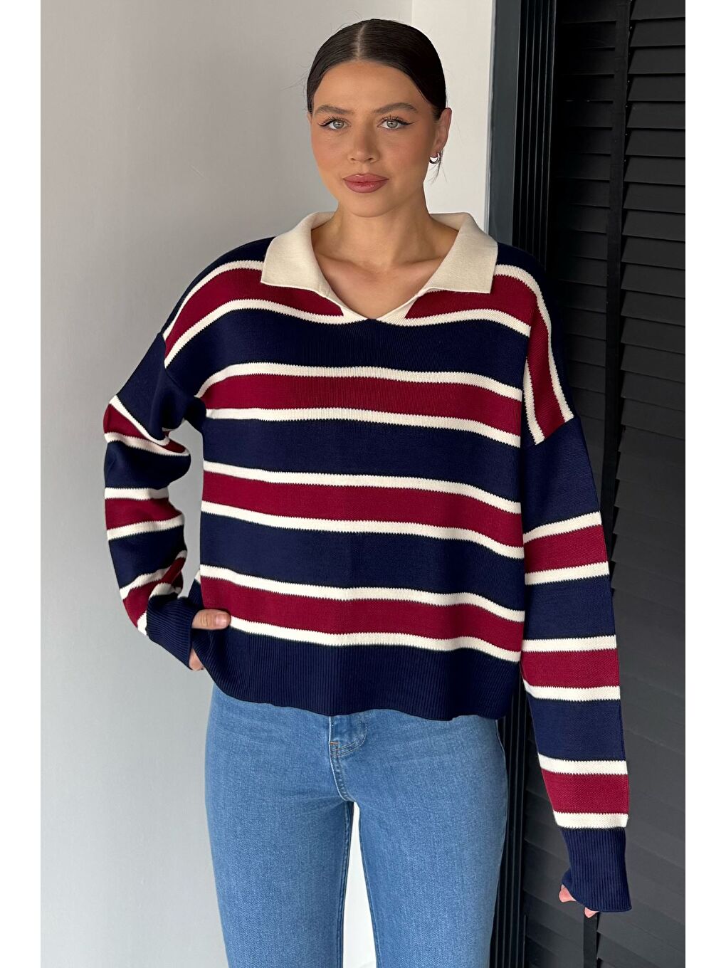 Bordo Kadın Çizgili Triko Kazak