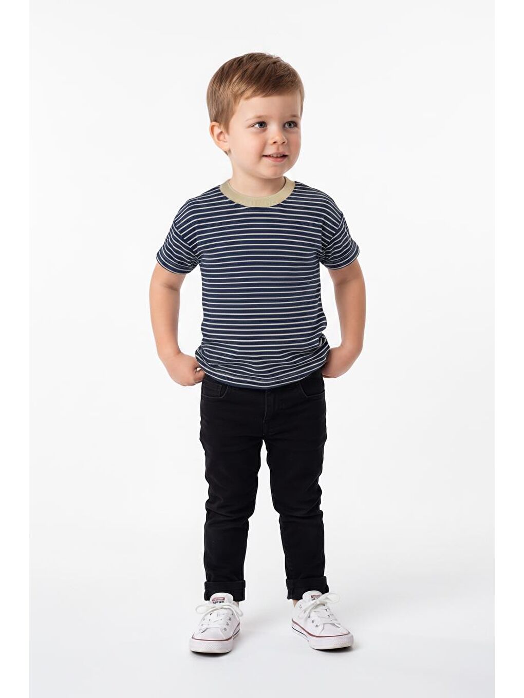 İndigo Elastanlı Kabartma Çizgili 2li Tişört Paket-2
