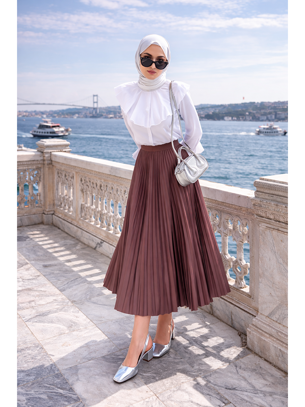 Kahverengi Kadın Premium Pileli Kahve Uzun Tesettür Etek-1