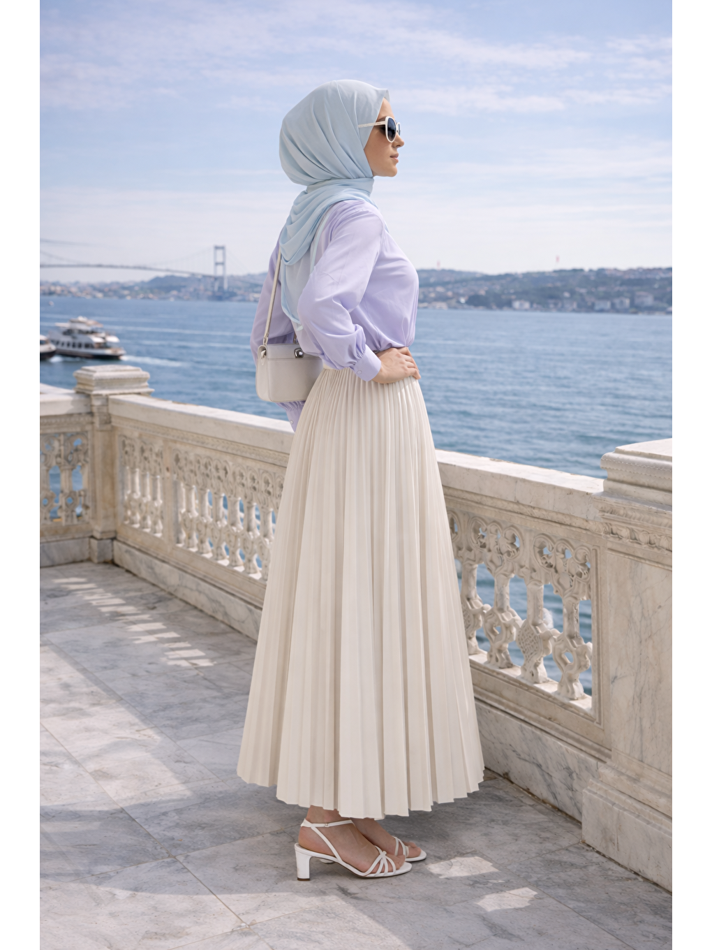 Kadın Premium Pileli Bej Uzun Tesettür Etek-4