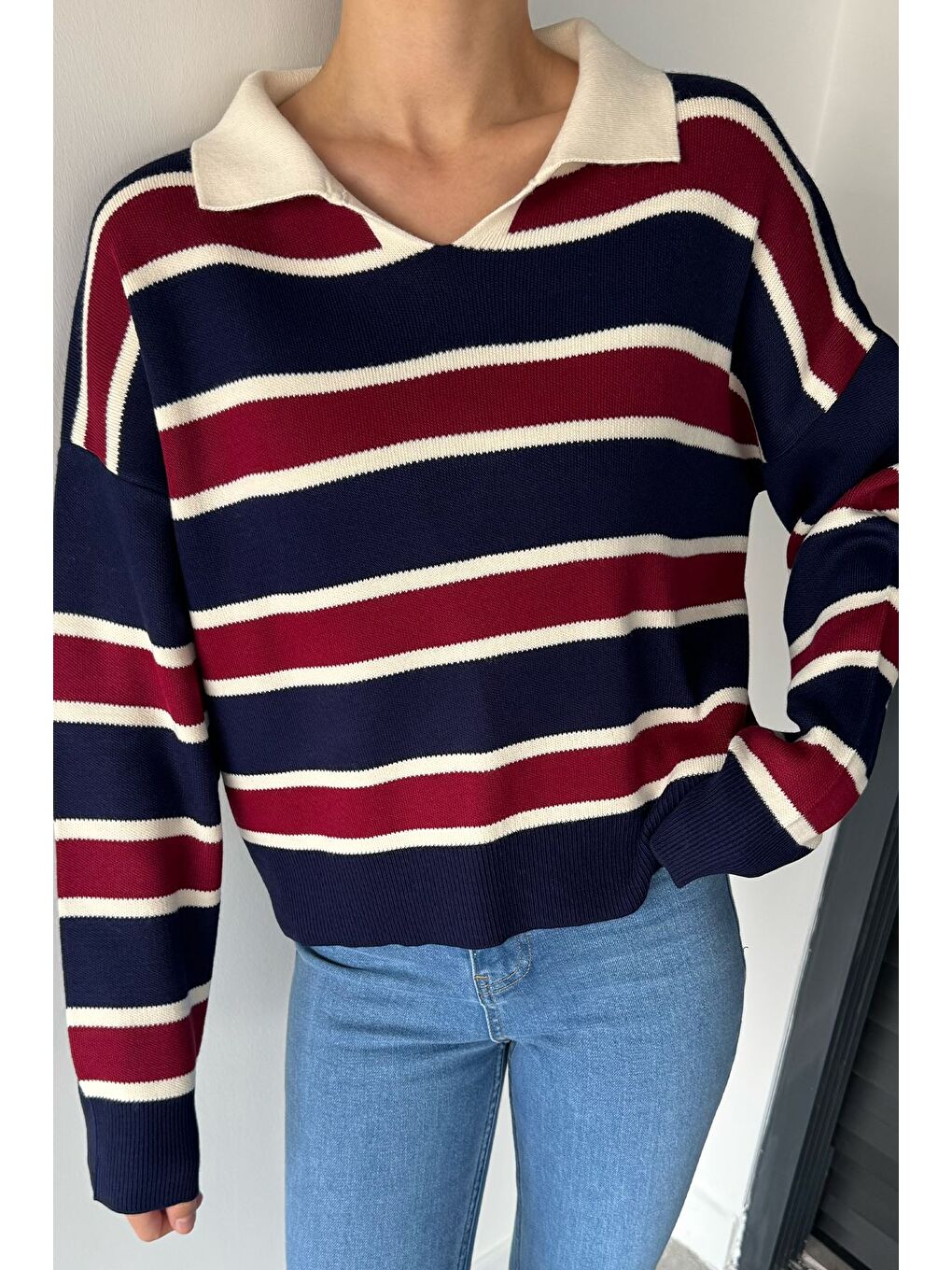 Bordo Kadın Çizgili Triko Kazak-1