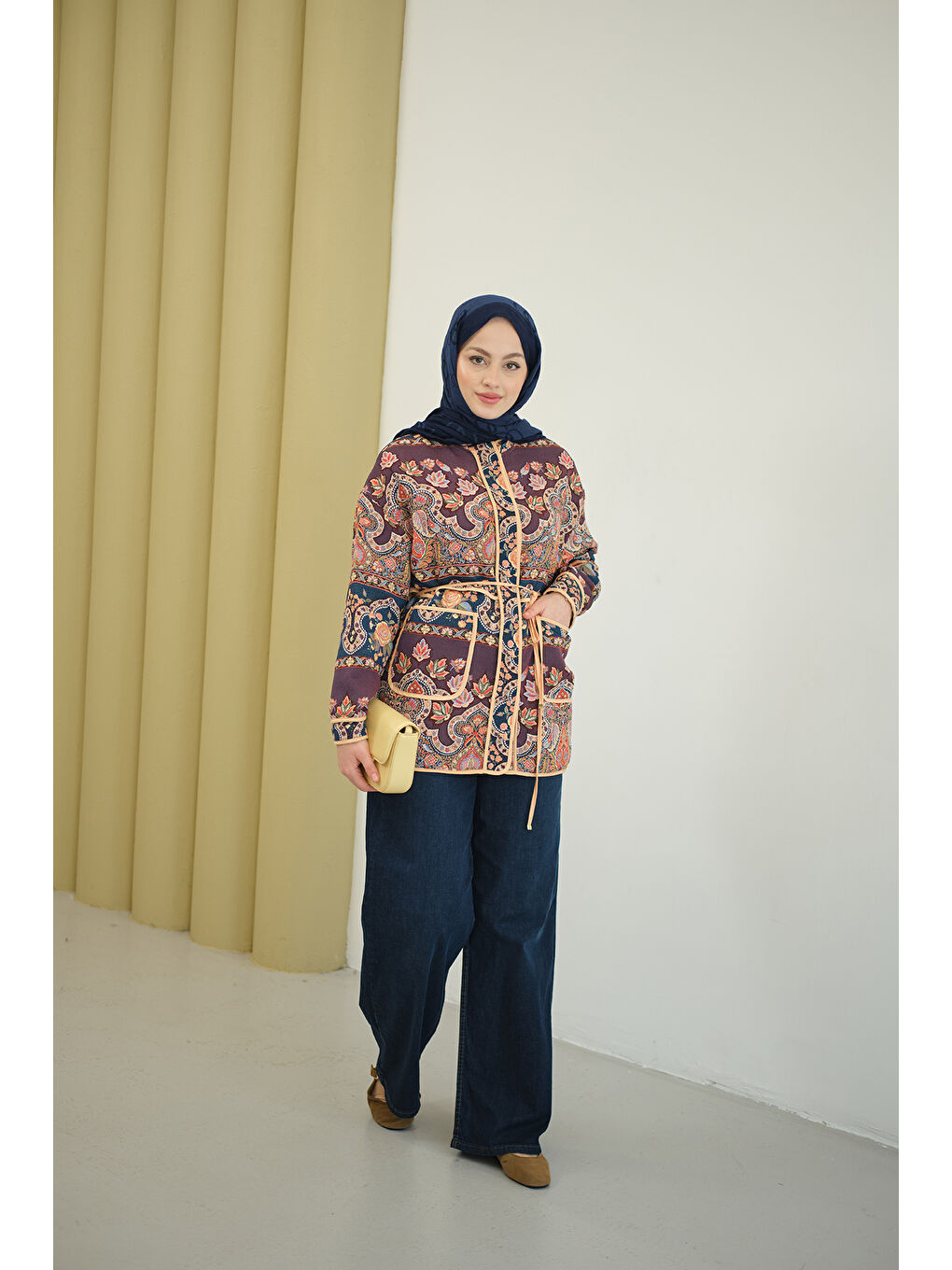 Kadın Etnik Desen Biyeli Ceket Mürdüm-1