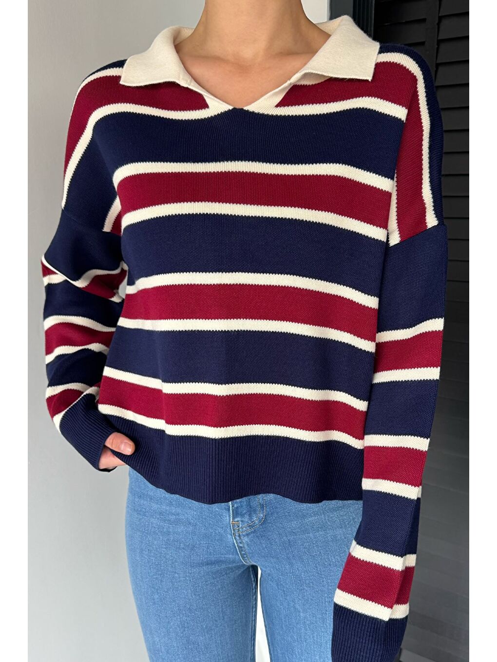 Bordo Kadın Çizgili Triko Kazak-2