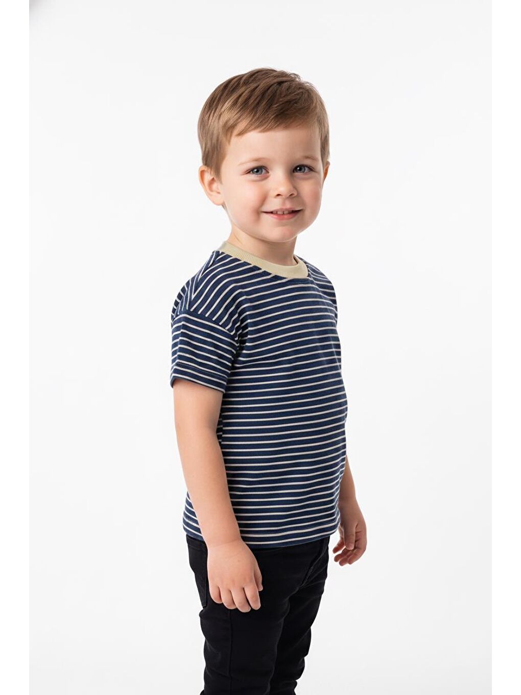 İndigo Elastanlı Kabartma Çizgili 2li Tişört Paket-3